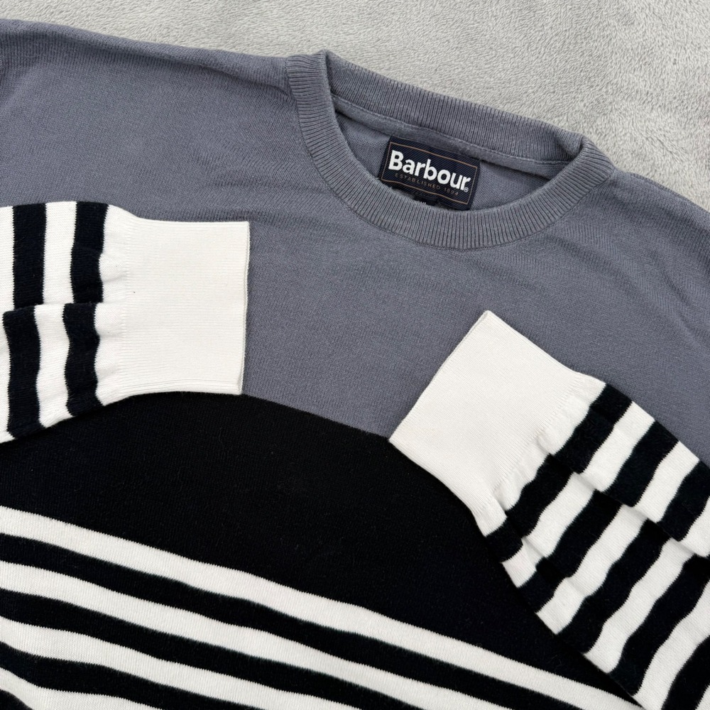 Barbour Mens Striped Colorblock Crew‎ Neck Sweater Navy Grey White Knit Size XL